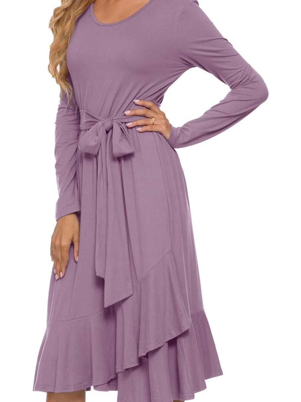 Tie-Waist Long Sleeve Midi Dress in Lavender